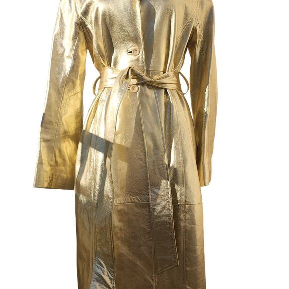 ⭐Luxury Designer Stylish Gold Real Genuine Leather Glamorous Jacket Coat Trench - Picture 8 of 16